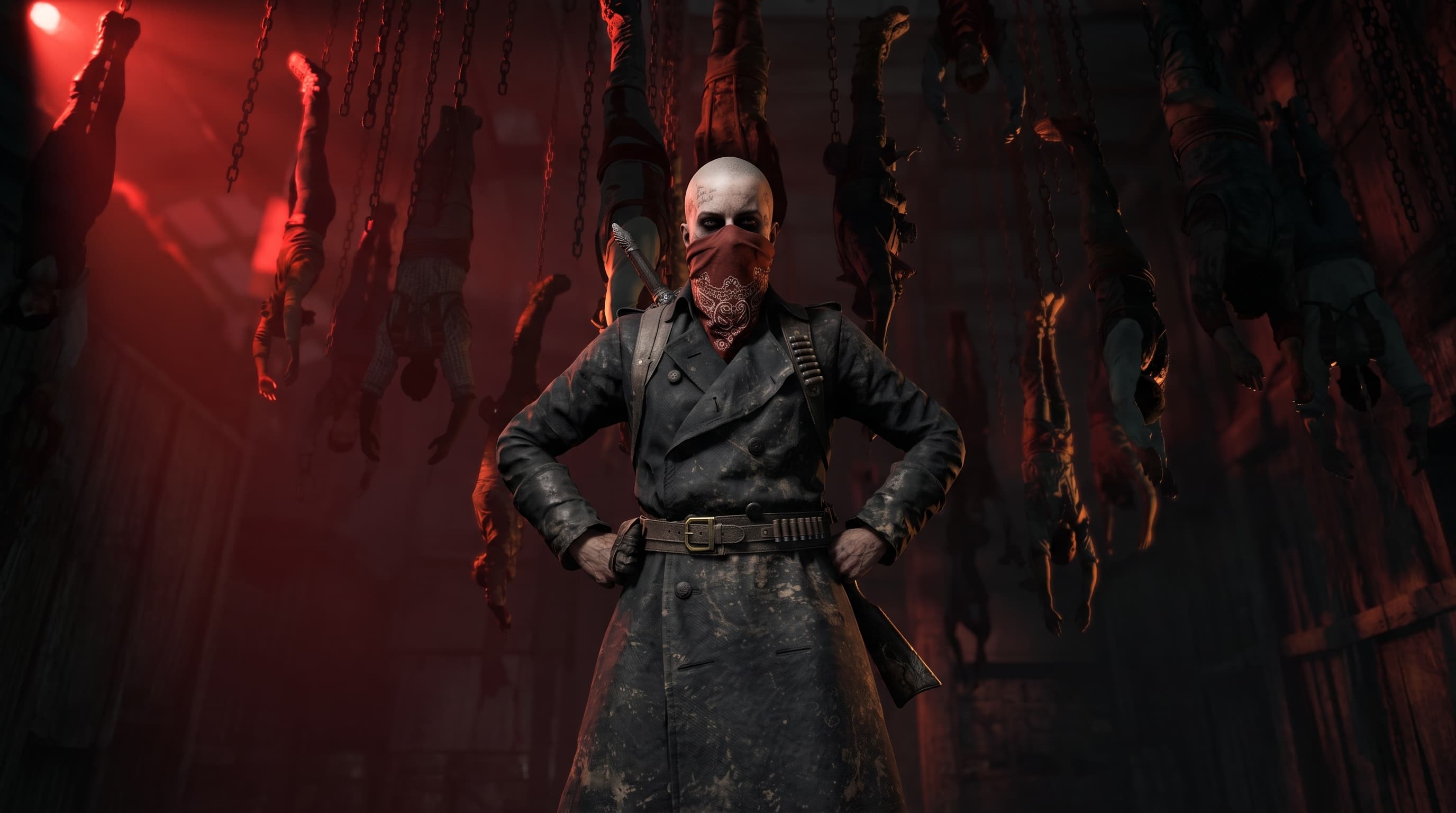 Охотник DEFICHENT среди подвешенных тел в Hunt: Showdown